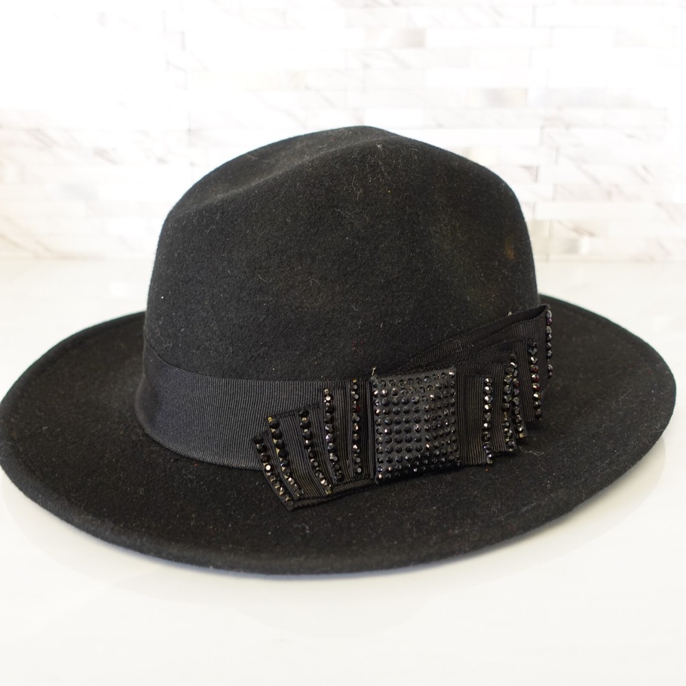 Scala Hat Womens Black Wool Felt Fedora Hat Beaded Crushable Classic Hat